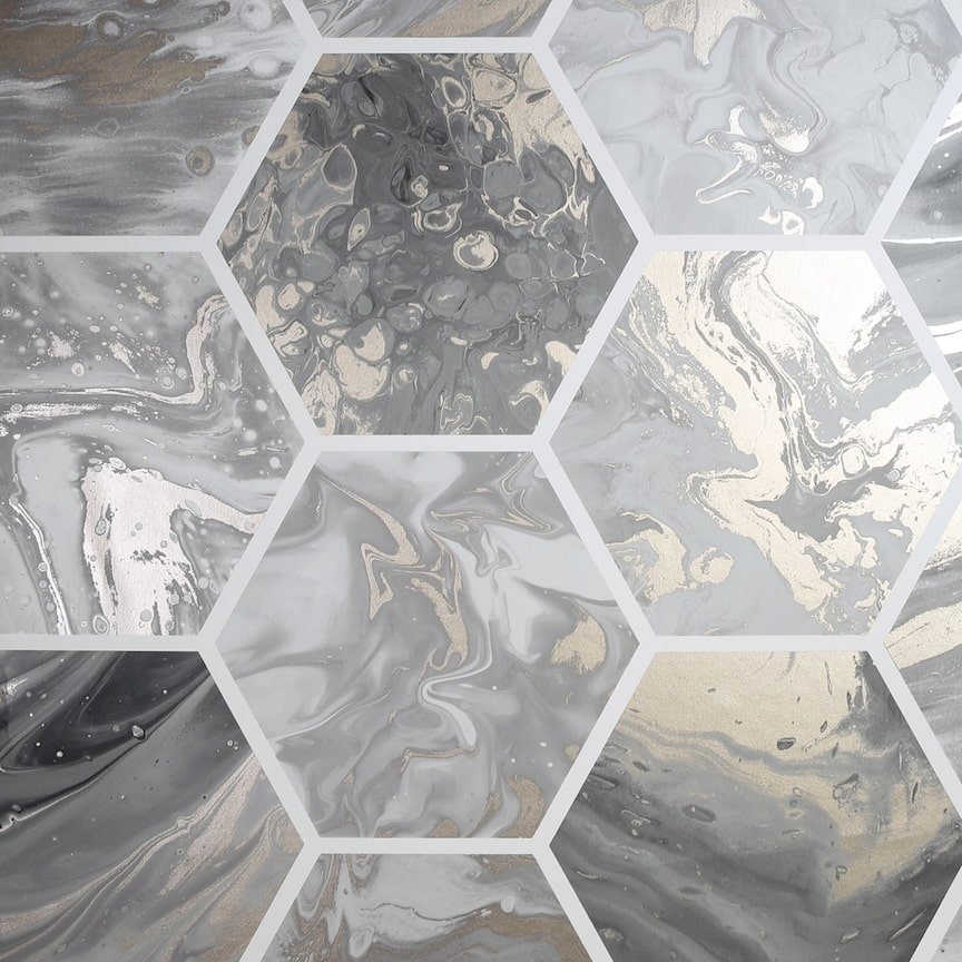  - Arthouse Marbled Hex Charcoal/Rose Gold Wallpaper - 908502 - Decor Warehouse