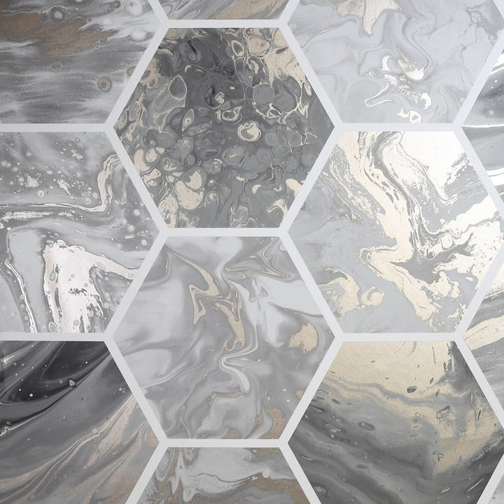  - Arthouse Marbled Hex Charcoal/Rose Gold Wallpaper - 908502 - Decor Warehouse