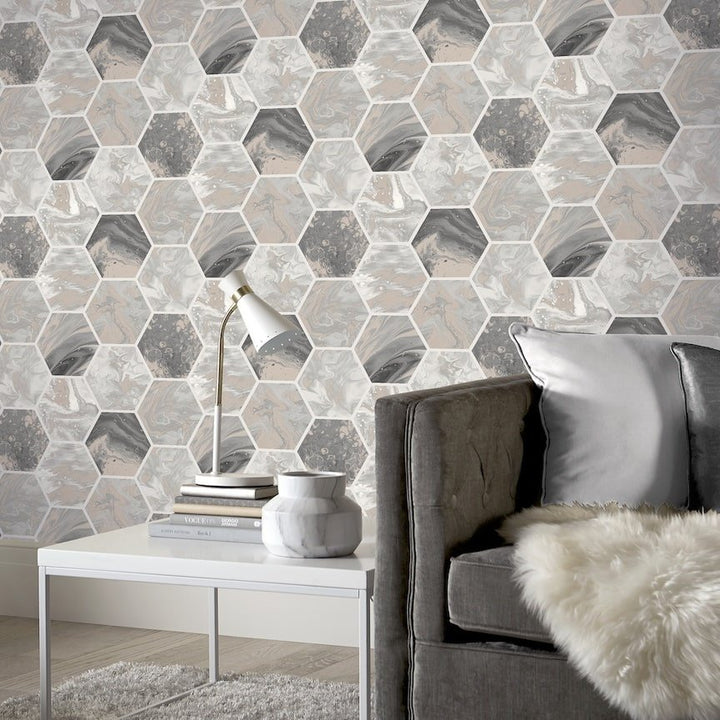  - Arthouse Marbled Hex Charcoal/Rose Gold Wallpaper - 908502 - Decor Warehouse