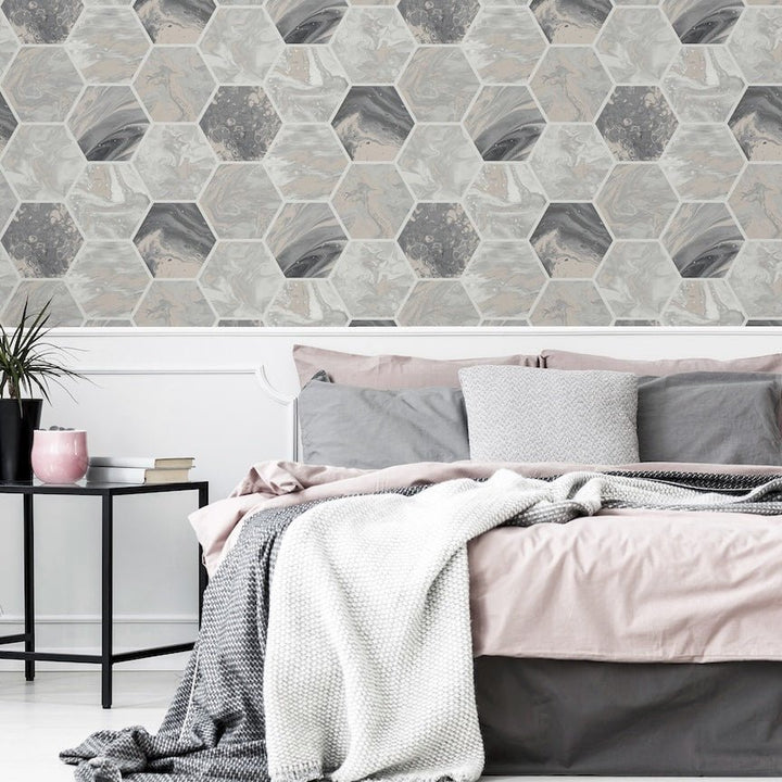  - Arthouse Marbled Hex Charcoal/Rose Gold Wallpaper - 908502 - Decor Warehouse
