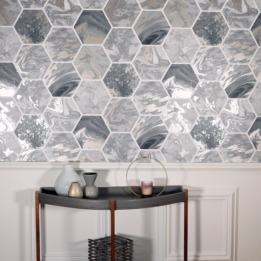  - Arthouse Marbled Hex Charcoal/Rose Gold Wallpaper - 908502 - Decor Warehouse