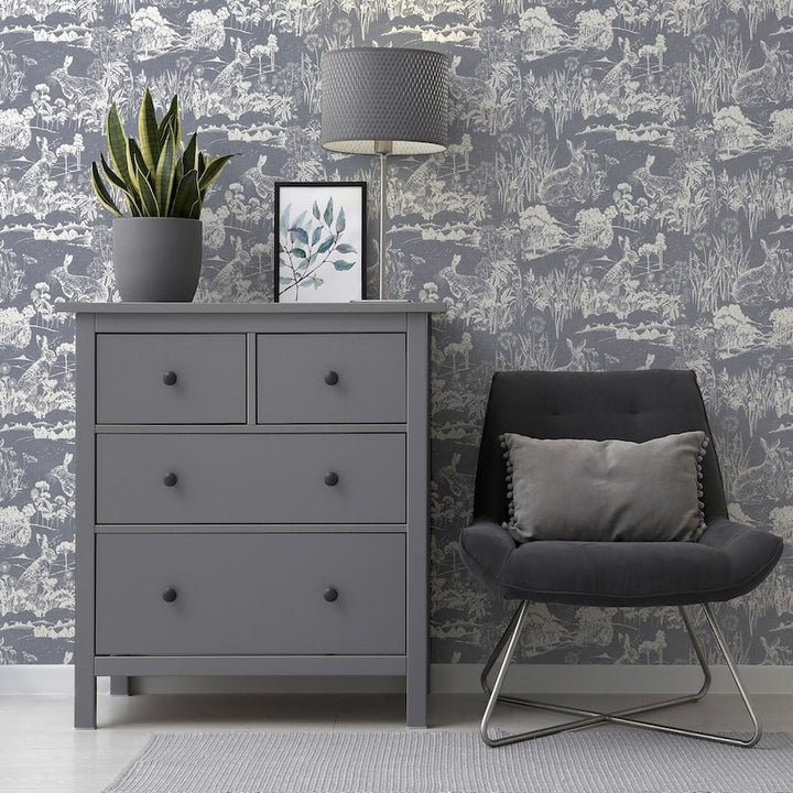  - Arthouse Meadow Hare Navy Wallpaper - 909606 - Decor Warehouse