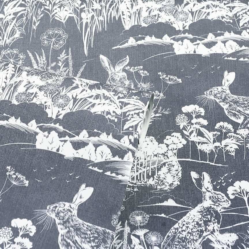  - Arthouse Meadow Hare Navy Wallpaper - 909606 - Decor Warehouse