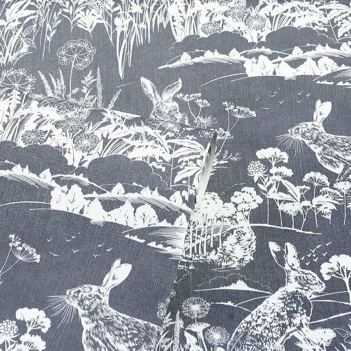  - Arthouse Meadow Hare Navy Wallpaper - 909606 - Decor Warehouse