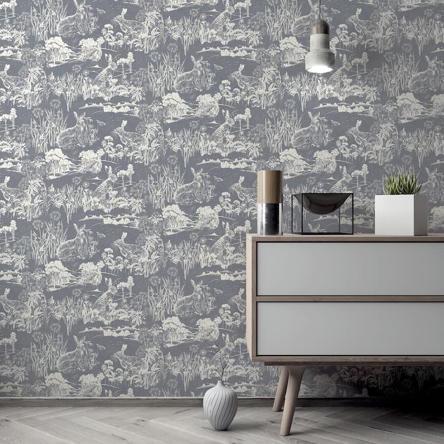  - Arthouse Meadow Hare Navy Wallpaper - 909606 - Decor Warehouse