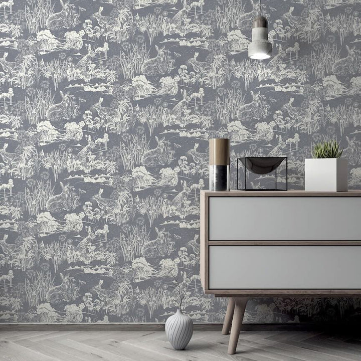  - Arthouse Meadow Hare Navy Wallpaper - 909606 - Decor Warehouse