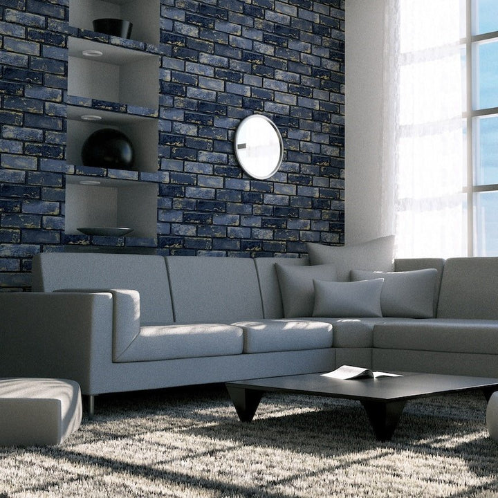  - Arthouse Metallic Brick Navy/Gold Wallpaper - 692200 - Decor Warehouse