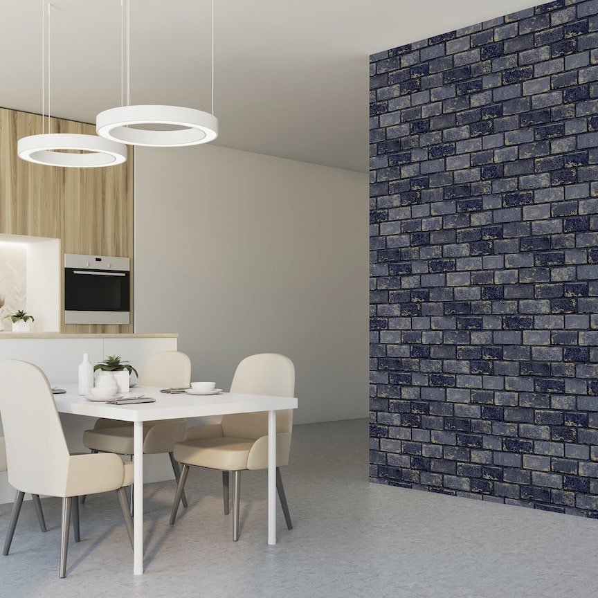  - Arthouse Metallic Brick Navy/Gold Wallpaper - 692200 - Decor Warehouse