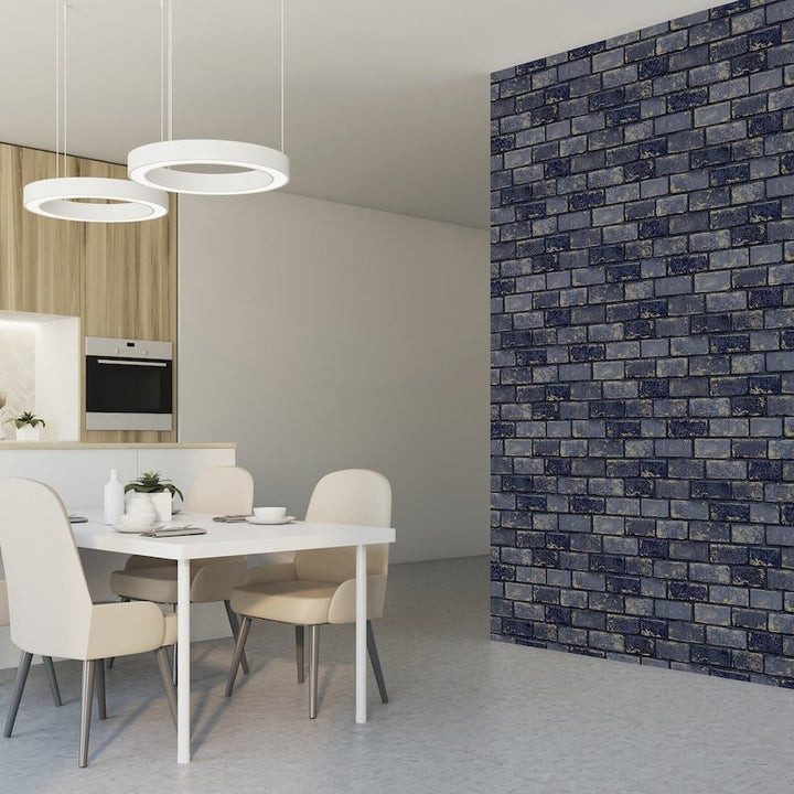  - Arthouse Metallic Brick Navy/Gold Wallpaper - 692200 - Decor Warehouse