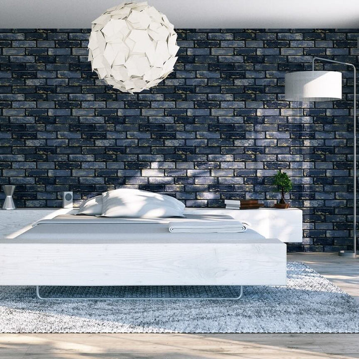  - Arthouse Metallic Brick Navy/Gold Wallpaper - 692200 - Decor Warehouse