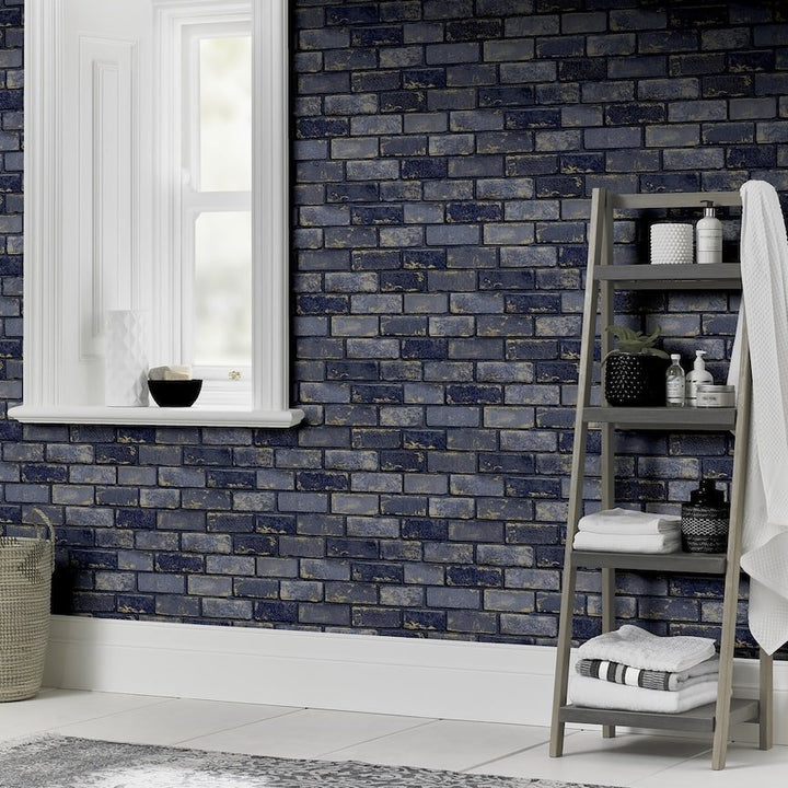  - Arthouse Metallic Brick Navy/Gold Wallpaper - 692200 - Decor Warehouse