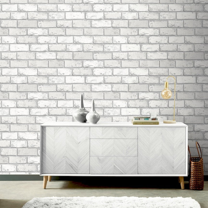  - Arthouse Metallic Brick White/Silver Wallpaper - 692201 - Decor Warehouse