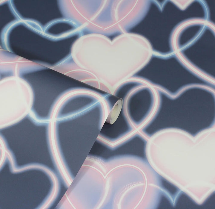  - Arthouse Neon Heart Wall Navy Pink Wallpaper - 925605 - Decor Warehouse
