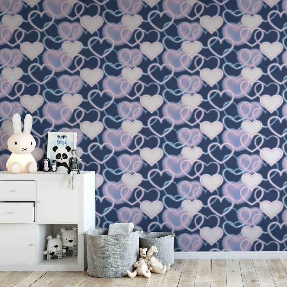  - Arthouse Neon Heart Wall Navy Pink Wallpaper - 925605 - Decor Warehouse