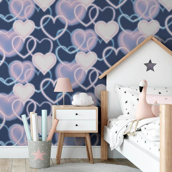  - Arthouse Neon Heart Wall Navy Pink Wallpaper - 925605 - Decor Warehouse