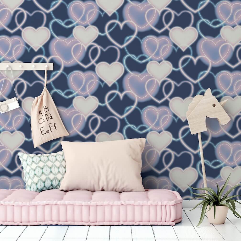  - Arthouse Neon Heart Wall Navy Pink Wallpaper - 925605 - Decor Warehouse