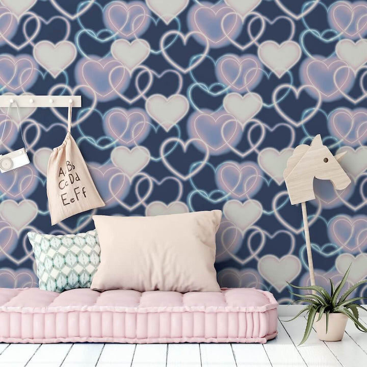  - Arthouse Neon Heart Wall Navy Pink Wallpaper - 925605 - Decor Warehouse