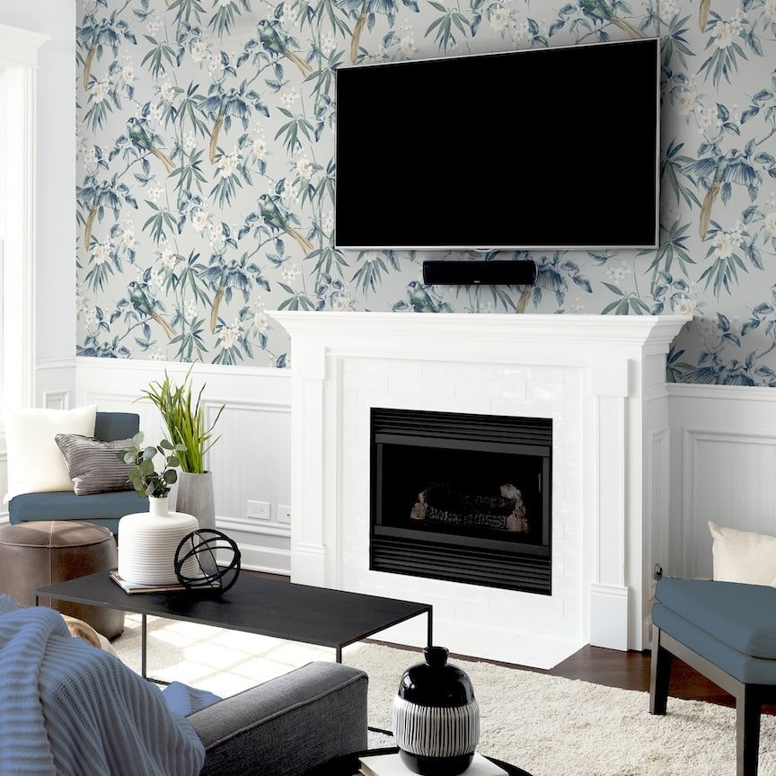 - Arthouse Oriental Floral Birds Grey/Blue Wallpaper - 924500 - Decor Warehouse