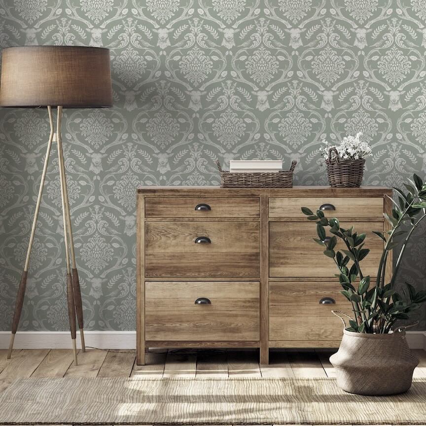  - Arthouse Stag Damask Sage Green Wallpaper - 923706 - Decor Warehouse