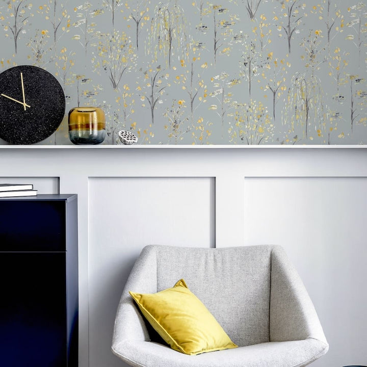 Arthouse Watercolour Tree Grey/Ochre Wallpaper - 909503