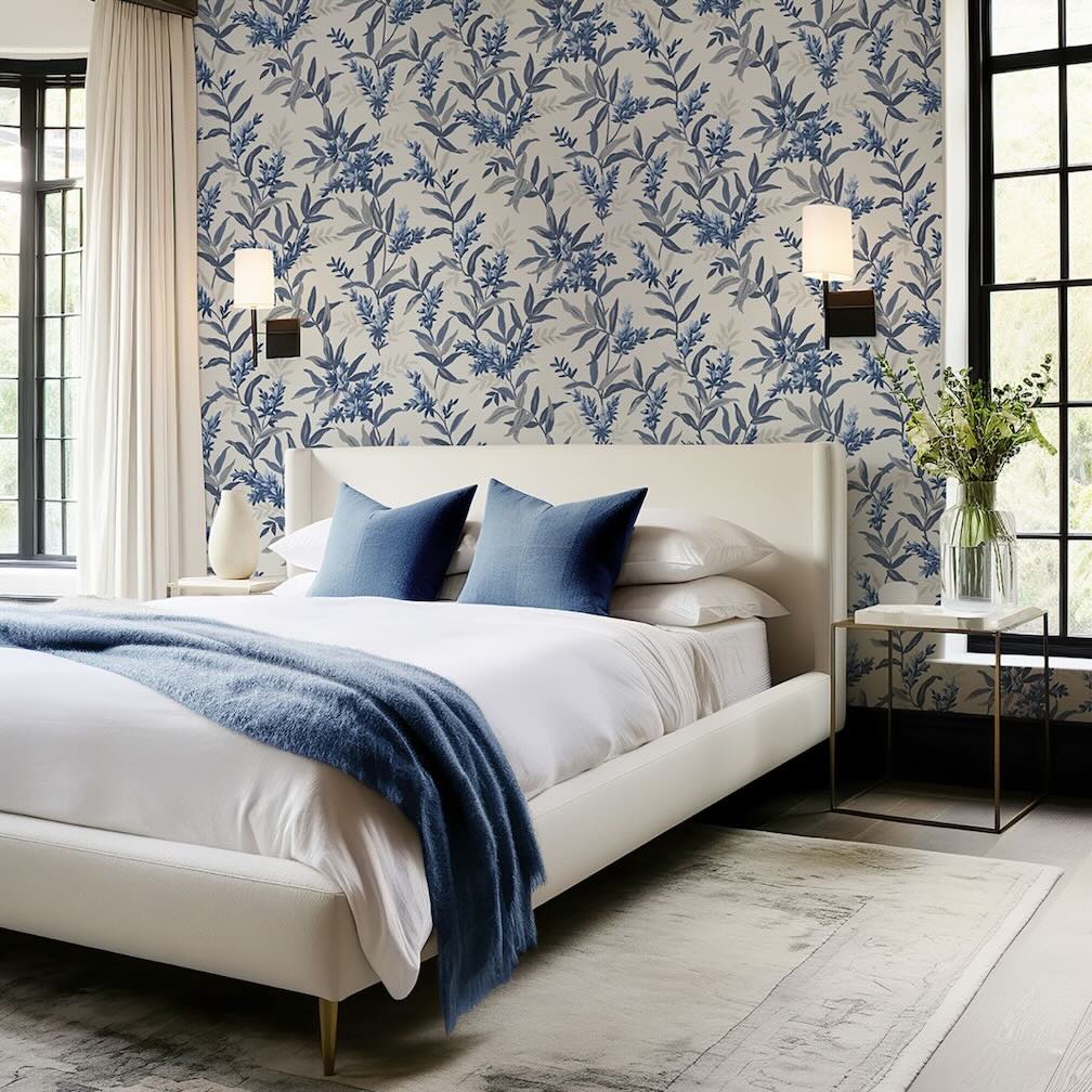 Belgravia Olivia Floral Blue Wallpaper decorating a Bedroom Wall