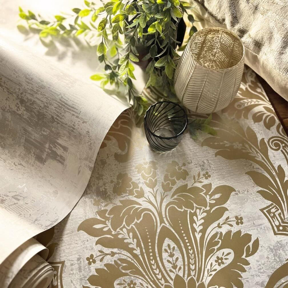 Belgravia Plaster Damask and Linear Concrete Gold Wallpaper - 2316