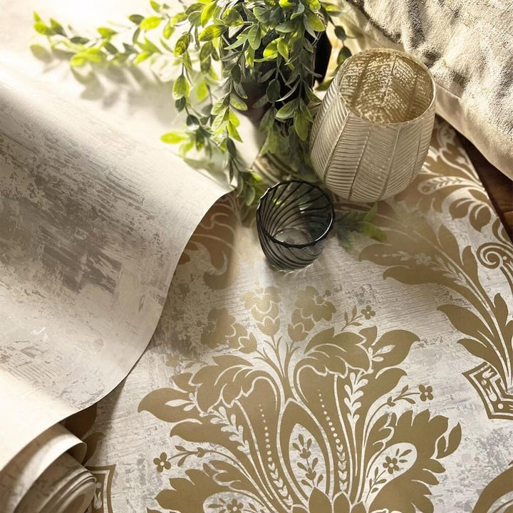 Belgravia Plaster Damask and Linear Concrete Gold Wallpaper - 2316