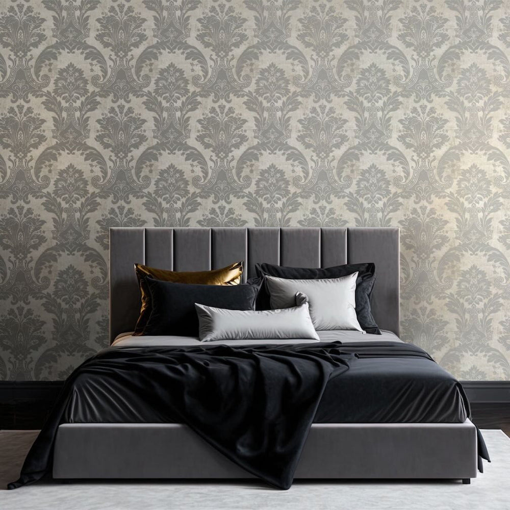 Belgravia Plaster Damask and Linear Concrete Silver Wallpaper - 2317