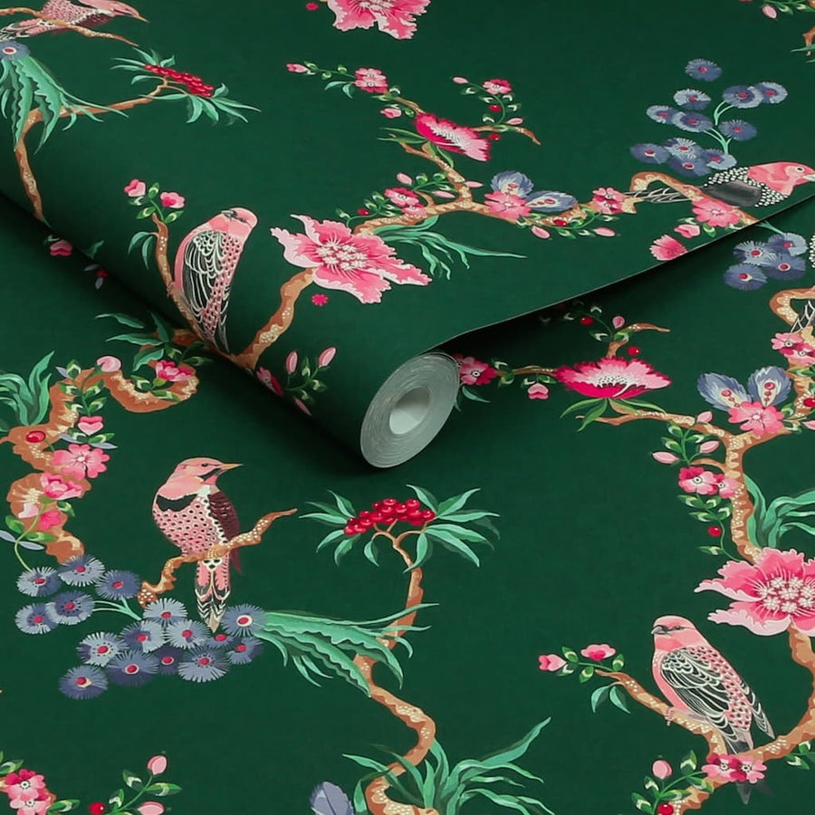131428 - Cath Kidston Wallpaper - Cath Kidston Birds & Berries Emerald Wallpaper - Decor Warehouse