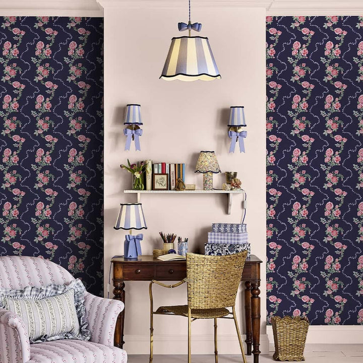 131423 - Cath Kidston Wallpaper - Cath Kidston Rose Flutter Navy Wallpaper - Decor Warehouse