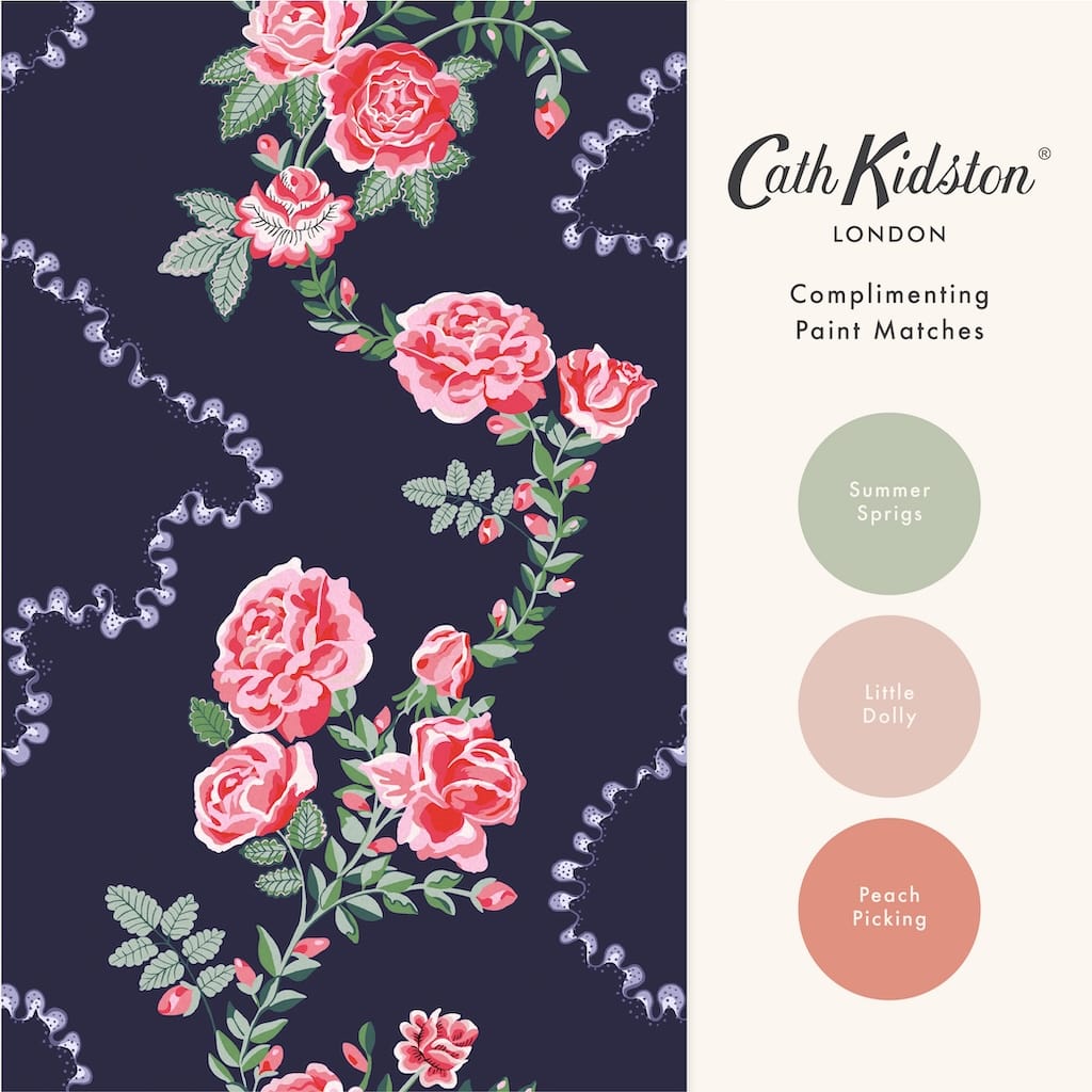 131423 - Cath Kidston Wallpaper - Cath Kidston Rose Flutter Navy Wallpaper - Decor Warehouse