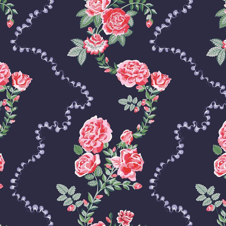 131423 - Cath Kidston Wallpaper - Cath Kidston Rose Flutter Navy Wallpaper - Decor Warehouse