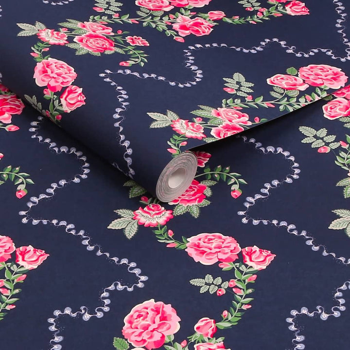 131423 - Cath Kidston Wallpaper - Cath Kidston Rose Flutter Navy Wallpaper - Decor Warehouse