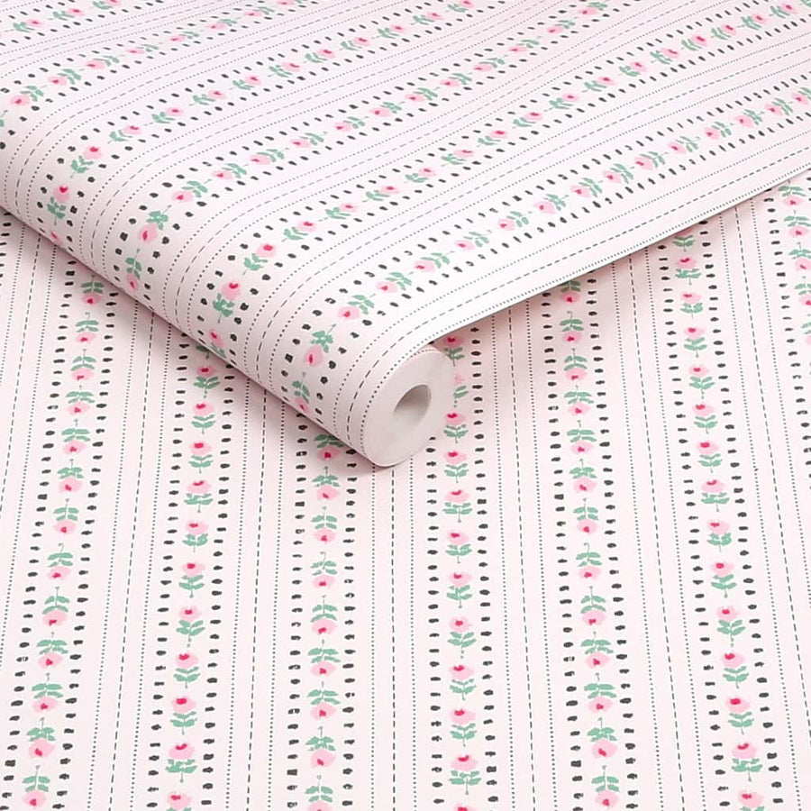 131424 - Cath Kidston Wallpaper - Cath Kidston Rose Ticking Stripe Pink Wallpaper - Decor Warehouse