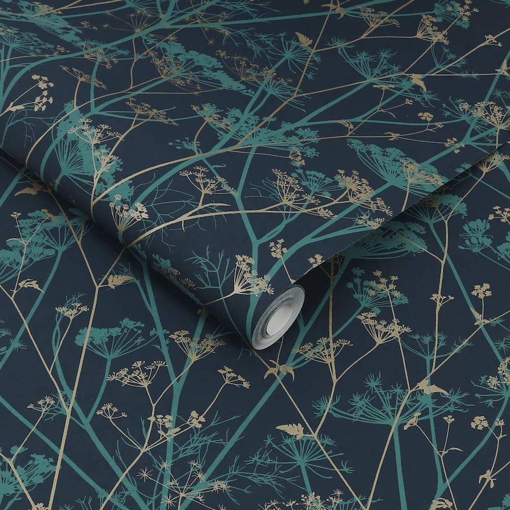  - Clarissa Hulse Wild Chervil Kingfisher & Gold Wallpaper - 120394 - Decor Warehouse