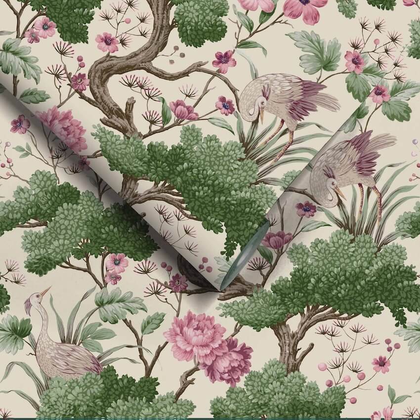 WM-171-Woodchip & Magnolia-Crane Bird Rose Pink / Cream Wallpaper-Decor Warehouse