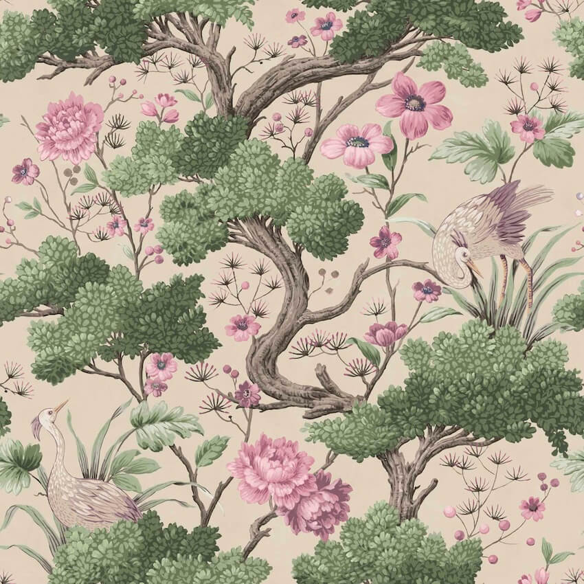 WM-171-Woodchip & Magnolia-Crane Bird Rose Pink / Cream Wallpaper-Decor Warehouse