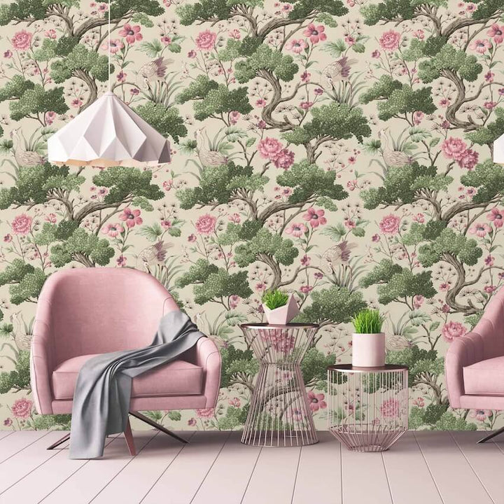 WM-171-Woodchip & Magnolia-Crane Bird Rose Pink / Cream Wallpaper-Decor Warehouse