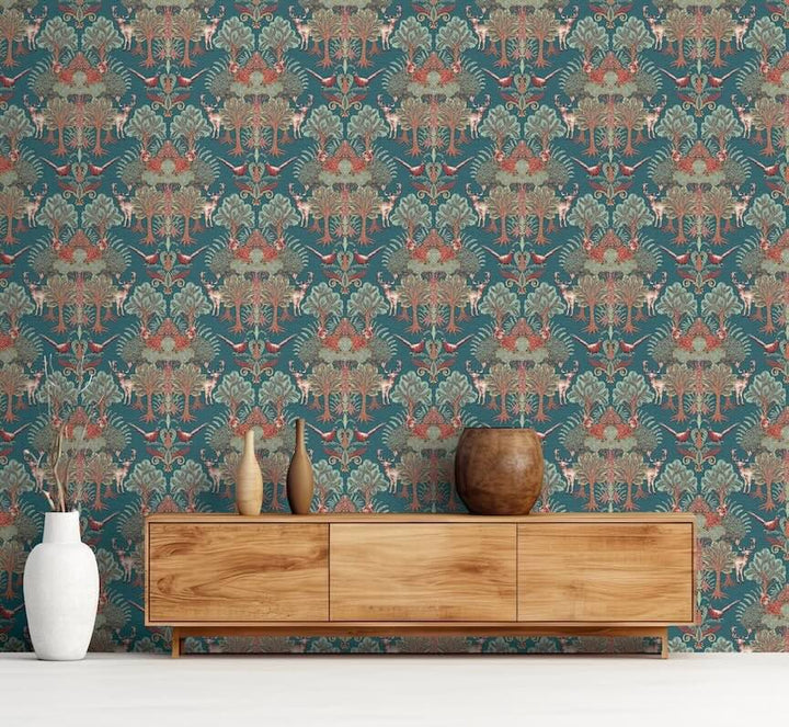  - Design ID Nordic Deer Forest Petrol Blue Wallpaper - TP422305 - Decor Warehouse