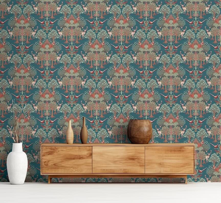 - Design ID Nordic Deer Forest Petrol Blue Wallpaper - TP422305 - Decor Warehouse