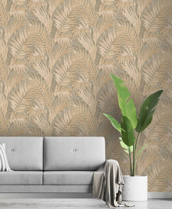  - Design ID Tropical Palm Leaf Sage Green & Gold Wallpaper - GR322105 - Decor Warehouse