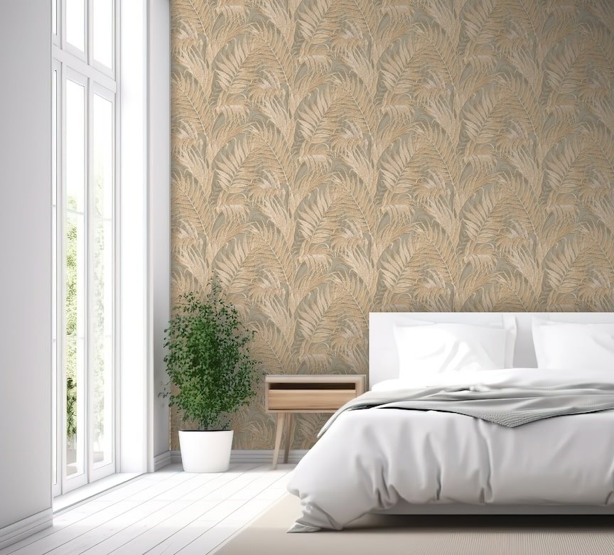  - Design ID Tropical Palm Leaf Sage Green & Gold Wallpaper - GR322105 - Decor Warehouse