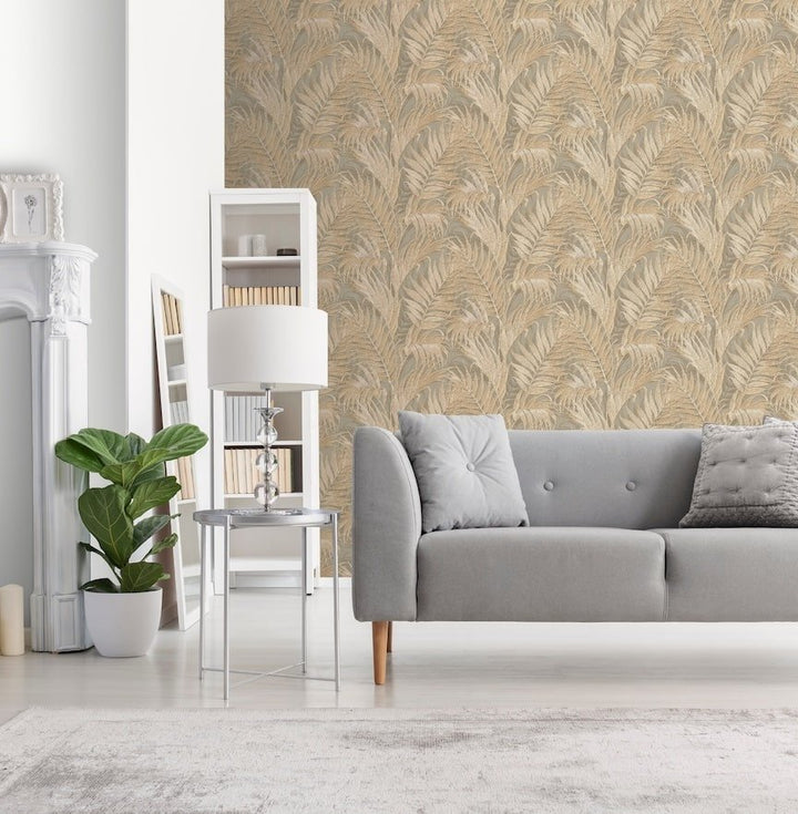  - Design ID Tropical Palm Leaf Sage Green & Gold Wallpaper - GR322105 - Decor Warehouse