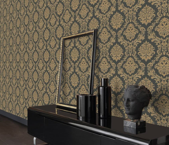 Erismann Versaille Carre Damask Black & Gold Wallpaper - 10288-15