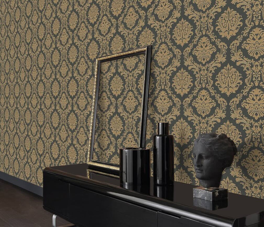 Erismann Versaille Carre Damask Black & Gold Wallpaper - 10288-15