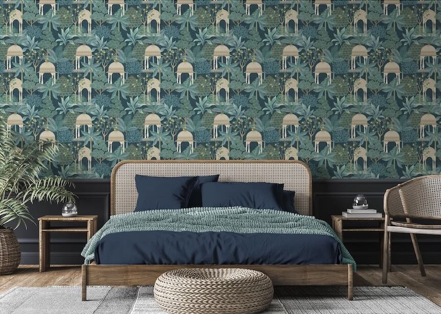  - Esselle Exotic Pavilion Navy Wallpaper - 100014EH - Decor Warehouse