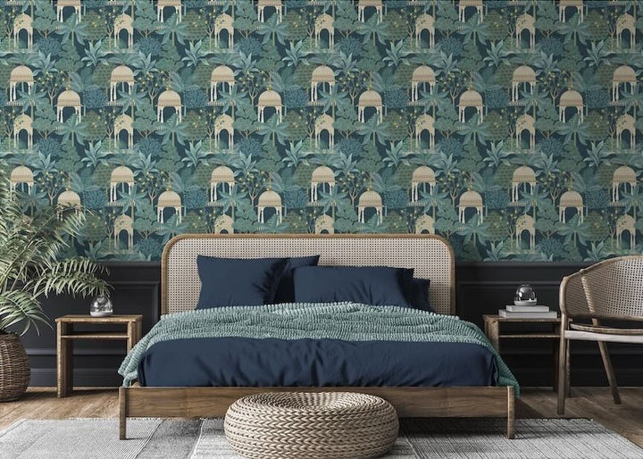  - Esselle Exotic Pavilion Navy Wallpaper - 100014EH - Decor Warehouse