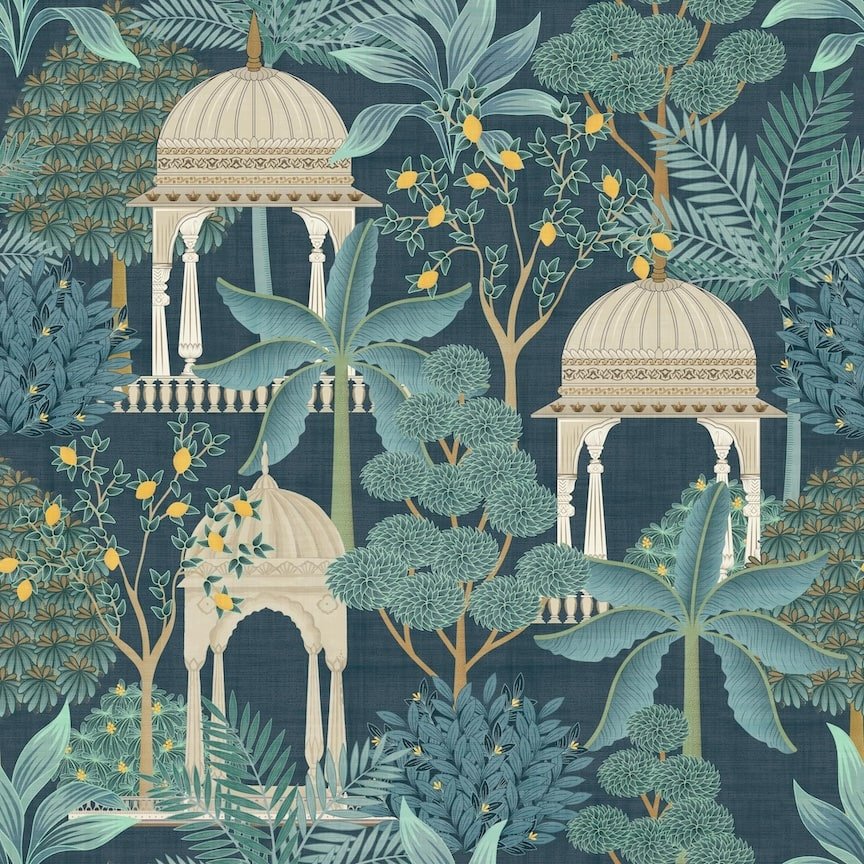  - Esselle Exotic Pavilion Navy Wallpaper - 100014EH - Decor Warehouse