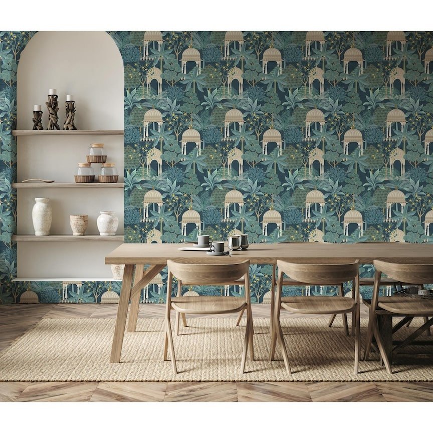  - Esselle Exotic Pavilion Navy Wallpaper - 100014EH - Decor Warehouse
