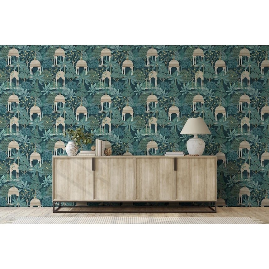  - Esselle Exotic Pavilion Navy Wallpaper - 100014EH - Decor Warehouse